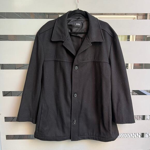 Hugo Boss Chester Black Cashmere Wool Collared Peacoat Size 46R - Picture 2 of 8